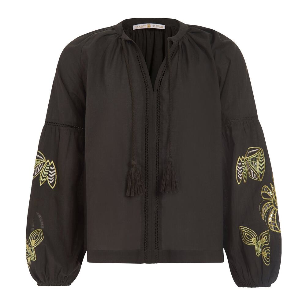 Marie Oliver Royce Hunter Green Embroidered Peasant Blouse XXS